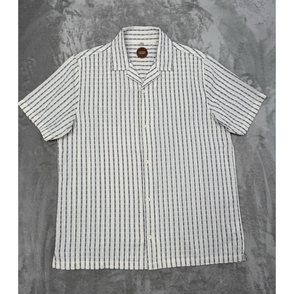 Common People Shirt Mens Large White Striped Button Short Cotton Linen Hawaiian